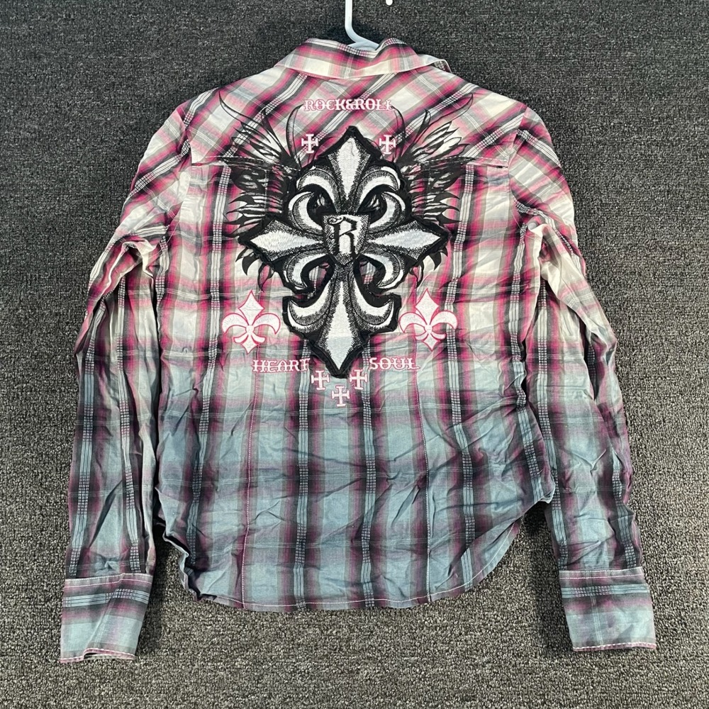 Rock & Roll Cowgirl Western Shirt Womens M Pink Plaid Good Embroidered Cross